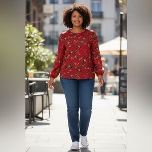 Red Floral Print Blouse Long Sleeve Boho Chic Fall Top